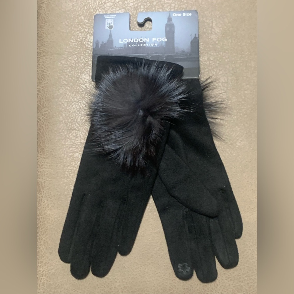 London Fog Womens Black Soft Suede Feel Pom Pom Touchscreen Luxury Gloves NEW OS